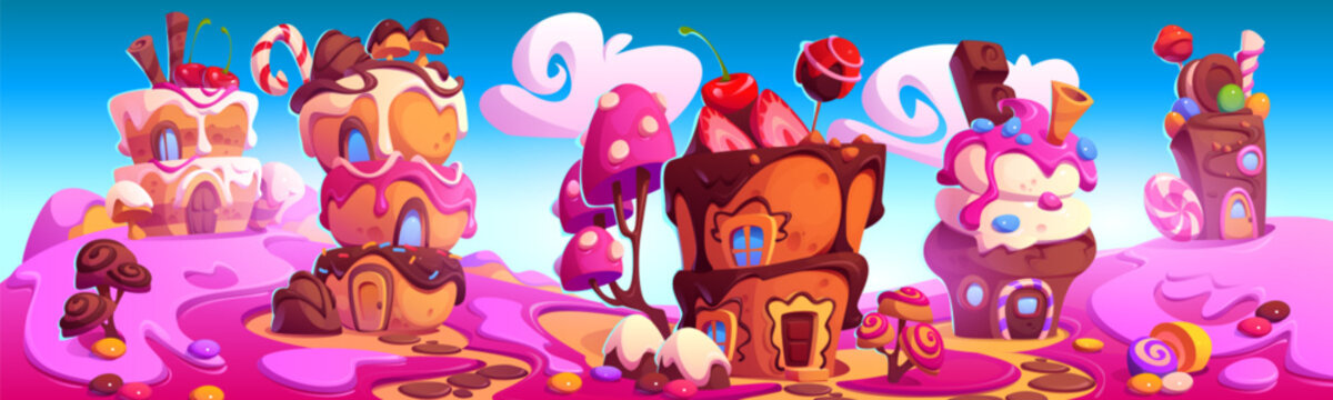 Candy land with fantasy sweet dessert houses, chocolate trees and pink jelly grass. Cartoon vector landscape of cute fantasy fairy sugar world with home made of cake and cookie, caramel and ice cream.