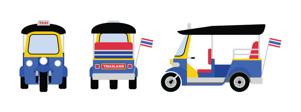 Tuk Tuk taxi travel in Thailand isolated on white background. Thai transportation icon design element. Cartoon vector illustration.