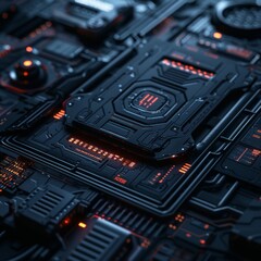 Fototapeta premium A minimalist detailed close-up of a 3D sci-fi strategy scene highlighting technology and big data in a dark setting