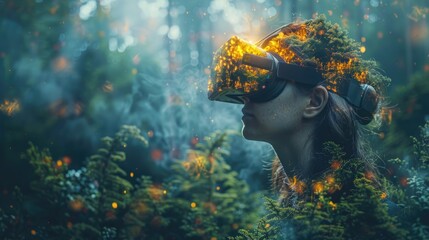 Exploring Virtual Reality in a Mystical Forest, A person is immersed in a virtual reality experience, their headset blending into an enchanting, illuminated forest landscape.