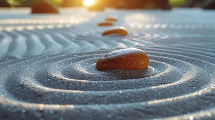 Zelfklevend Fotobehang Zen Stones Balanced on Rippled Sand, Three smooth stones are carefully stacked, creating a sense of balance and tranquility on a bed of rippled sand. © Vilaysack