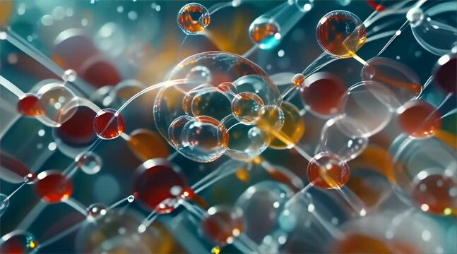 Video depicting close-up views of molecular structures with a focus on translucent and reflective spherical elements, using a palette of cool blues and warm reds.