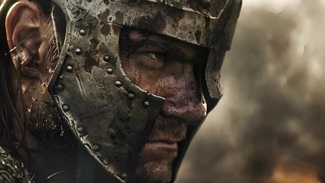 A battlescarred soldier looks off into the distance his armor dented and his face betraying exhaustion. Yet his grip on his sword remains strong.
