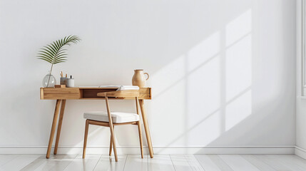 Minimal style work desk design decorated with white tones and small plants. Ai generate.