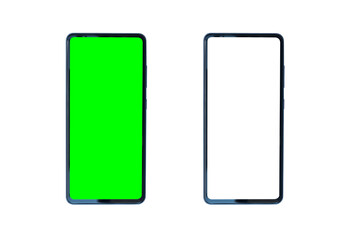 Smartphone with green screen and white screen isolated on white background with clipping path. Blank mobile screen for presentation template. Mobile phones used in advertising design