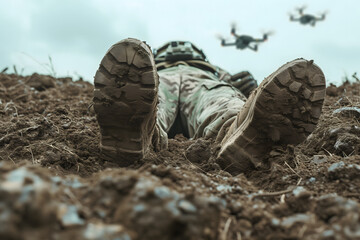 Fototapeta na wymiar Fallen soldier legs laying on the dirt with flying drones in the sky above. Neural network generated image. Not based on any actual scene or pattern.