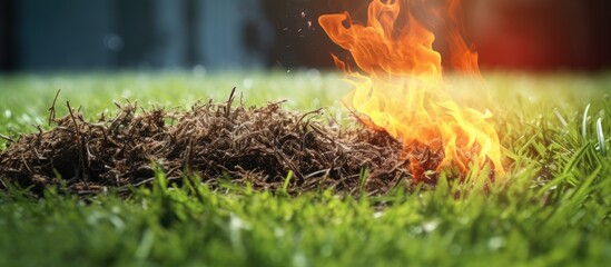Dramatic Flames Engulf a Pile of Dry Grass, Creating a Burst of Fire Outdoors - obrazy, fototapety, plakaty