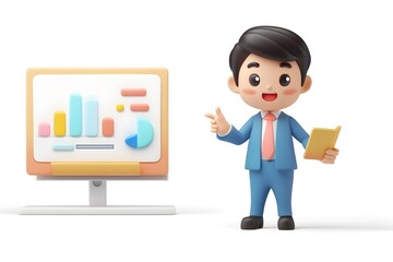 Asian Businessman Presenting Data Chart on Computer in Animated Illustration