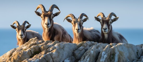 Majestic Trio: Three Goats Gracefully Posed on a Dramatic Rock Cliff