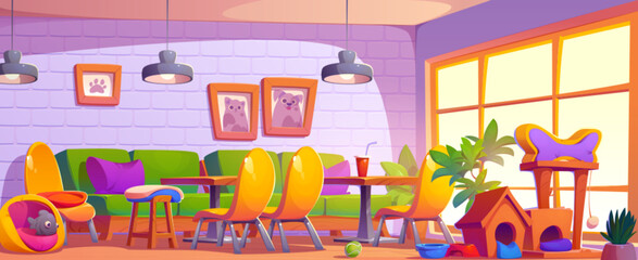 Pet friendly cafe interior design. Vector cartoon illustration of coffee shop room with large window and pictures on wall, animal toys, tables and chairs, couch with color cushions, plants in corner - obrazy, fototapety, plakaty