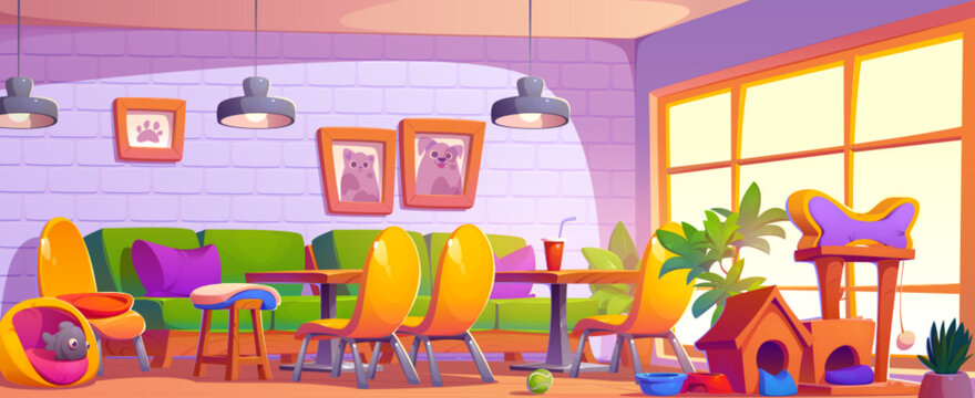 Pet friendly cafe interior design. Vector cartoon illustration of coffee shop room with large window and pictures on wall, animal toys, tables and chairs, couch with color cushions, plants in corner