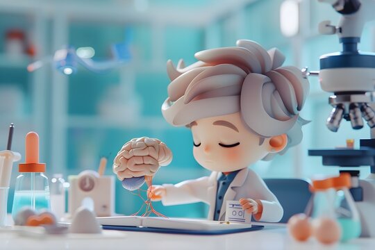 3D Cartoon Character Studying Brain in Laboratory