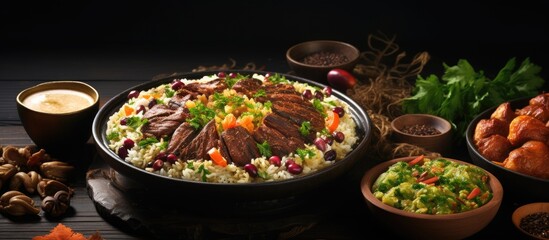 Delicious Meal Bowl with Savory Meat, Steamed Rice, and Colorful Fresh Vegetables