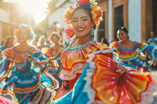 Fototapeta Happily smiling Mexican woman in colourful costume dancing traditional Folklorico dance on the street. Sunlight. 