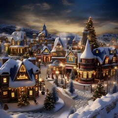 Merry Christmas and Happy New Year. Winter village with houses and christmas trees