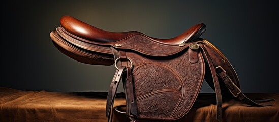 Classic Leather Saddle Elegantly Resting on a Textured Brown Background - obrazy, fototapety, plakaty