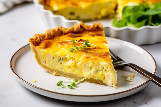 A Slice of Quiche on a White Plate