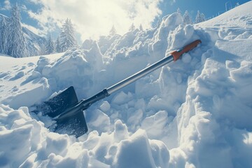 Snow shovel waits amidst mountain of snow for removal task - obrazy, fototapety, plakaty