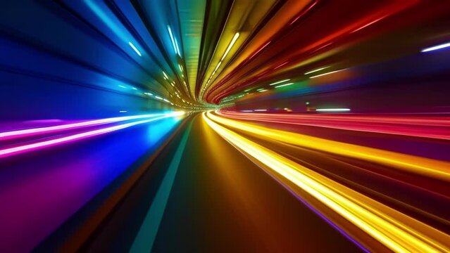 A slow motion shot of a rainbowhued spectrum showcasing the diversity of lights from different types of vehicles moving at high speed.