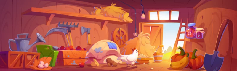 Fototapete Farm barn view from inside with tools, crop and chicken. Cartoon vector illustration of ranch shed indoor with wooden walls, haystack and sack, gardening tools and hen eggs in chest, vegetable harvest © klyaksun
