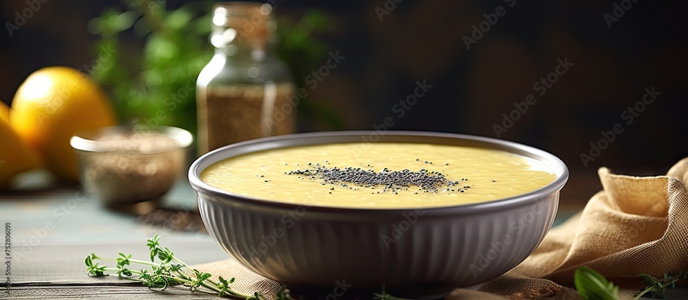 Poster Savory Soup Delight - Seasonal Herbs Garnishing a Delicious Bowl of Steaming Soup