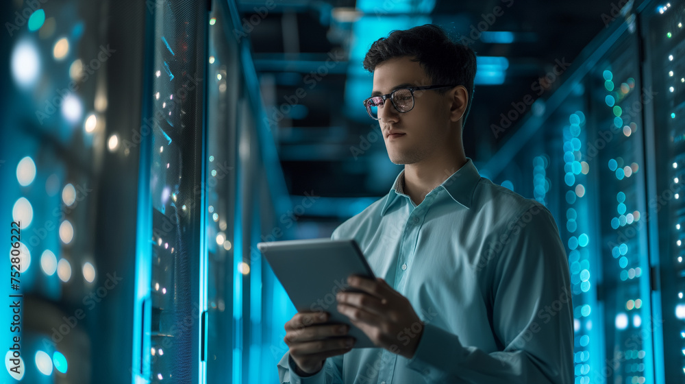Poster cyber security expert or it engineering holding a tablet working at data server of technology compan