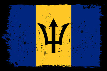 Barbados flag - vector flag with stylish scratch effect and black grunge frame. - obrazy, fototapety, plakaty