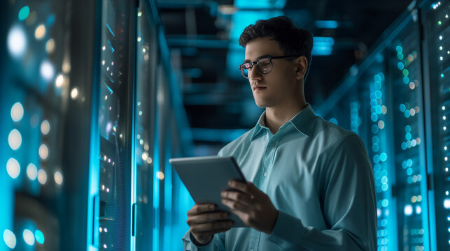 cyber security expert or IT engineering holding a tablet working at data server of technology company, digital data security analysis modern cyber tech network 