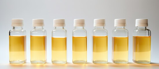 Assorted Glass Bottles Filled with Various Oils Arranged in a Neat Row