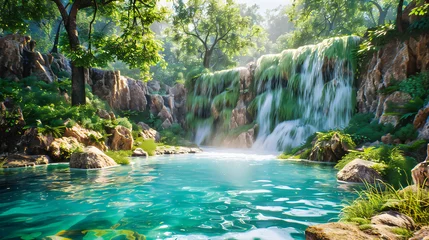 Fotobehang Cascading Tranquility, The Melodic Flow of Croatias Waterfalls, A Dance of Water Amidst Emerald Forests © Taslima
