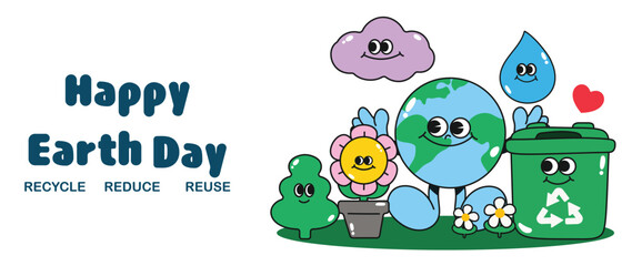 Happy Earth day concept background vector. Save the earth, globe, recycle bin, water drop, flower groovy style. Eco friendly illustration design for web, banner, campaign, social media post.