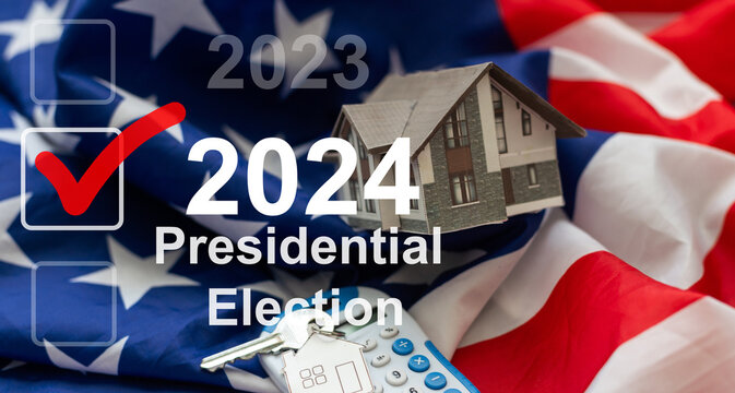 2024 presidential election year in United States as illustration template on blue background wall with reflection.