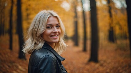 Blonde woman walking in the autumn forest, smiling and fashionable