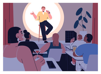 Comedian at open mic, comedy show. Audience listening to jokes, humor monologue, night concert of comic speaker at microphone, sitting on stool on stage, telling stories. Flat vector illustration