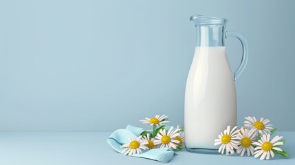 glass jug of milk on a blue background with space for text or product presentation