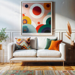 White sofa with colorful white wall with art poster.