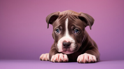 Cute pit bull terrier puppy on a purple background. St