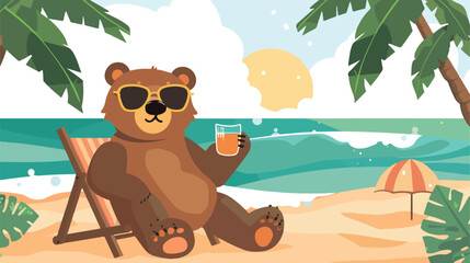 Summer animal. Bear staycation in the beach flat vector