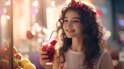A radiant girl with a glowing complexion enjoying a berry smoothie, her laughter echoing the bright ambiance of the caf? - obrazy, fototapety, plakaty