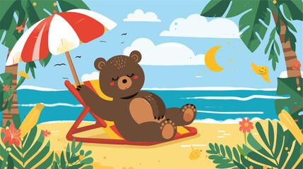 Summer animal. Bear staycation in the beach flat vector