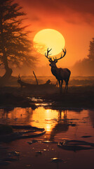 Golden Twilight Extravaganza: Intersection of a Majestic Stag and Wilderness