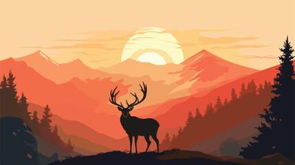 Sunset or Dawn Over Mountains with Stag on Hillustration Top
