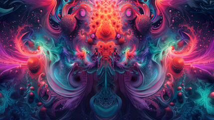 Saturated colorful mad abstract background, random different shapes and objects, hallucinations of ancient shaman after mushroom overdose. Neural network generated image. Not based on any actual scene - obrazy, fototapety, plakaty