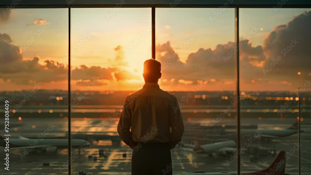 Poster at the end of a long hallway a navigational aid operator is seen standing in front of a large glass 