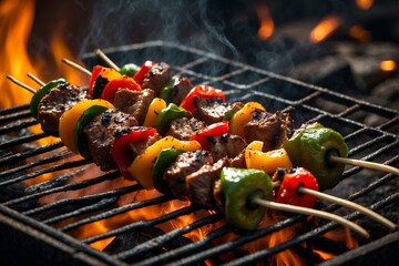 Skewers with chunks of meat and colorful vegetables, sizzling on a hot grill