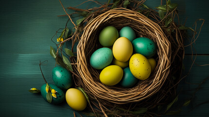 Fototapeta na wymiar Basket with painted Easter eggs and willow branches on light wooden background