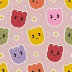 Seamless vector pattern with cartoon flowers characters. Colorful tulips with smiling faces on background. Abstract floral texture. Fun groovy graphic