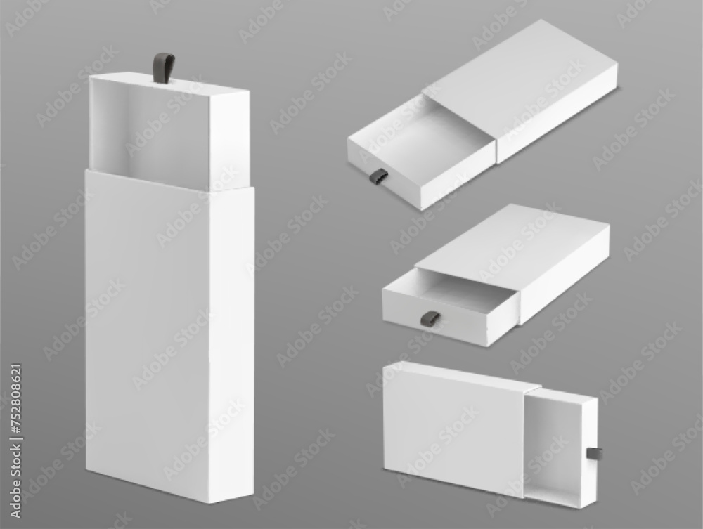 Poster white empty open slide box with ribbon puller. realistic vector illustration set of drawer shape car