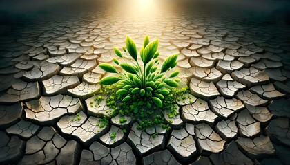 A green plant grows in the middle of dry, cracked earth, symbolizing the recovery of the environment, with sunrays coming from behind