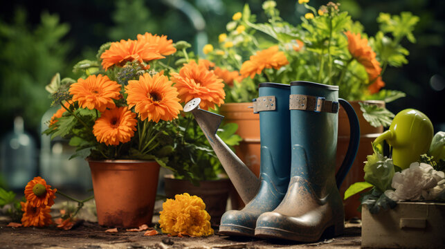 Gardening tools watering can boots and owers in the